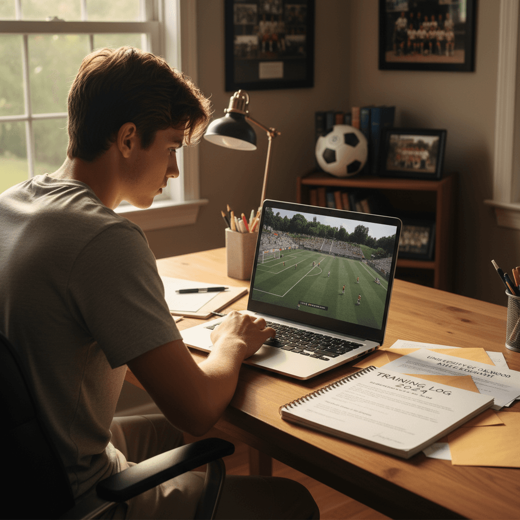 Student-athlete reviewing game film on a laptop screen