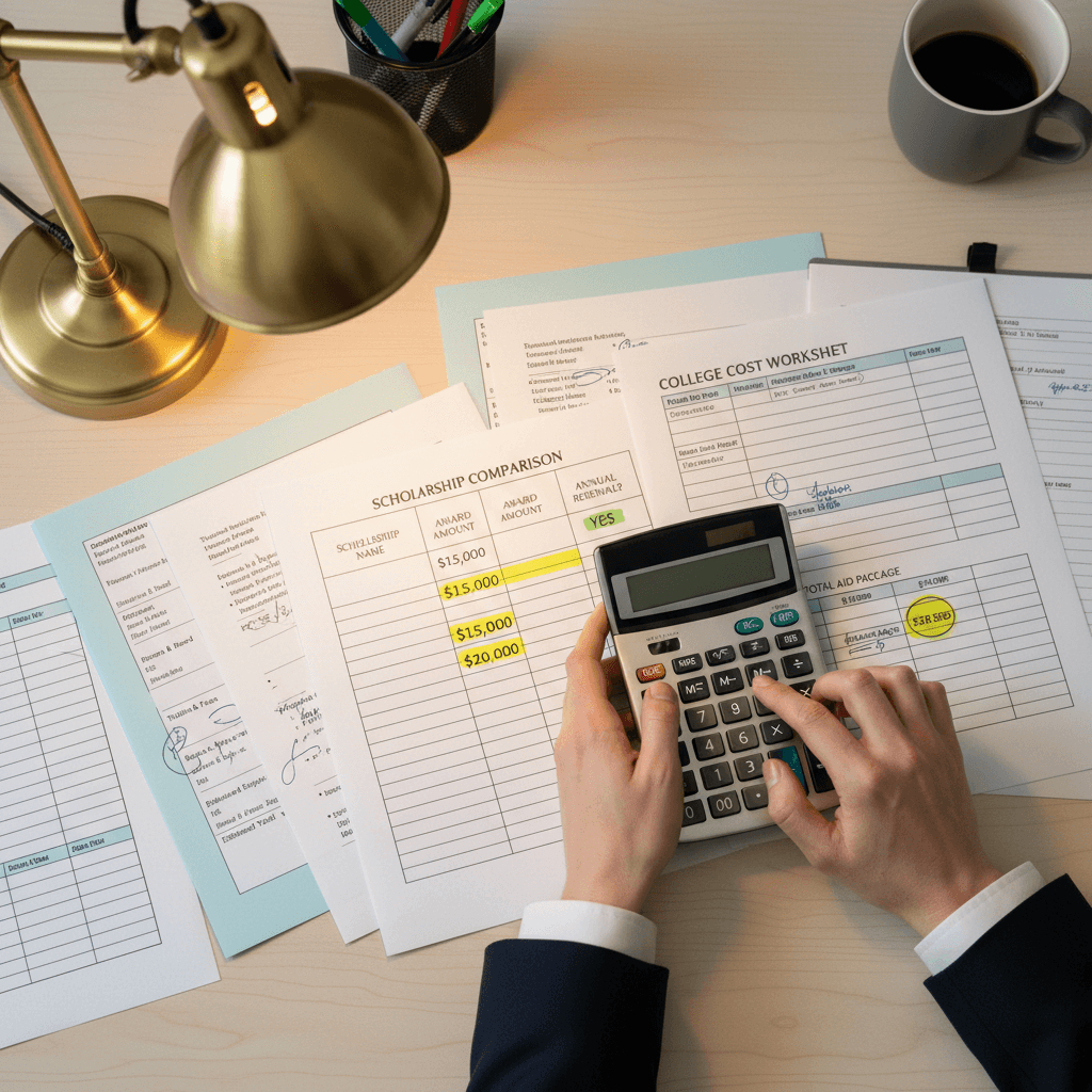 Financial aid documents and recruitment materials on a desk