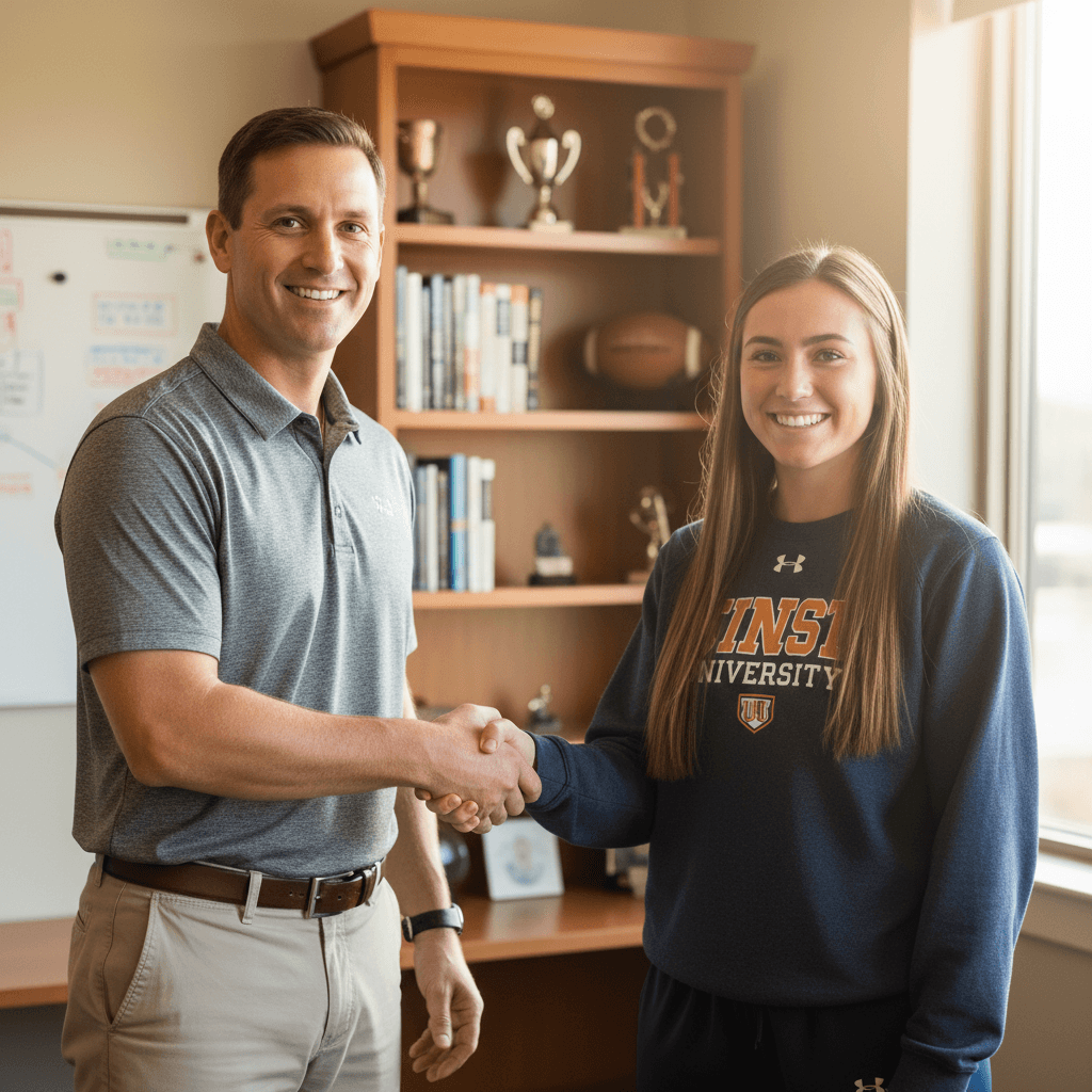 Coach and student-athlete celebrating progress and partnership in recruitment process