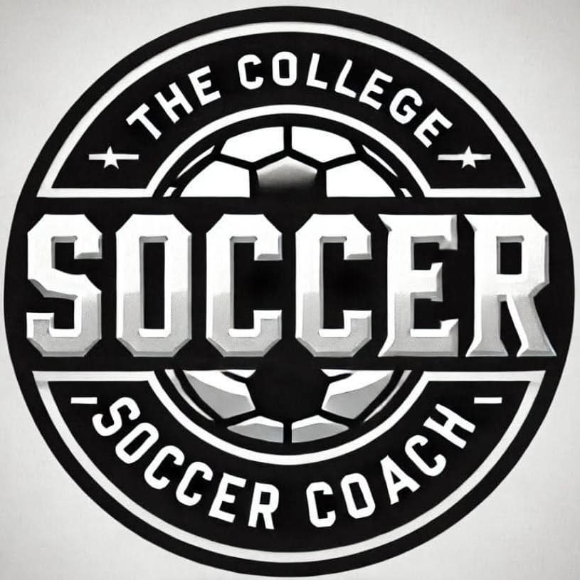 Black and white circular logo for The College Soccer Coach with soccer ball and stars.