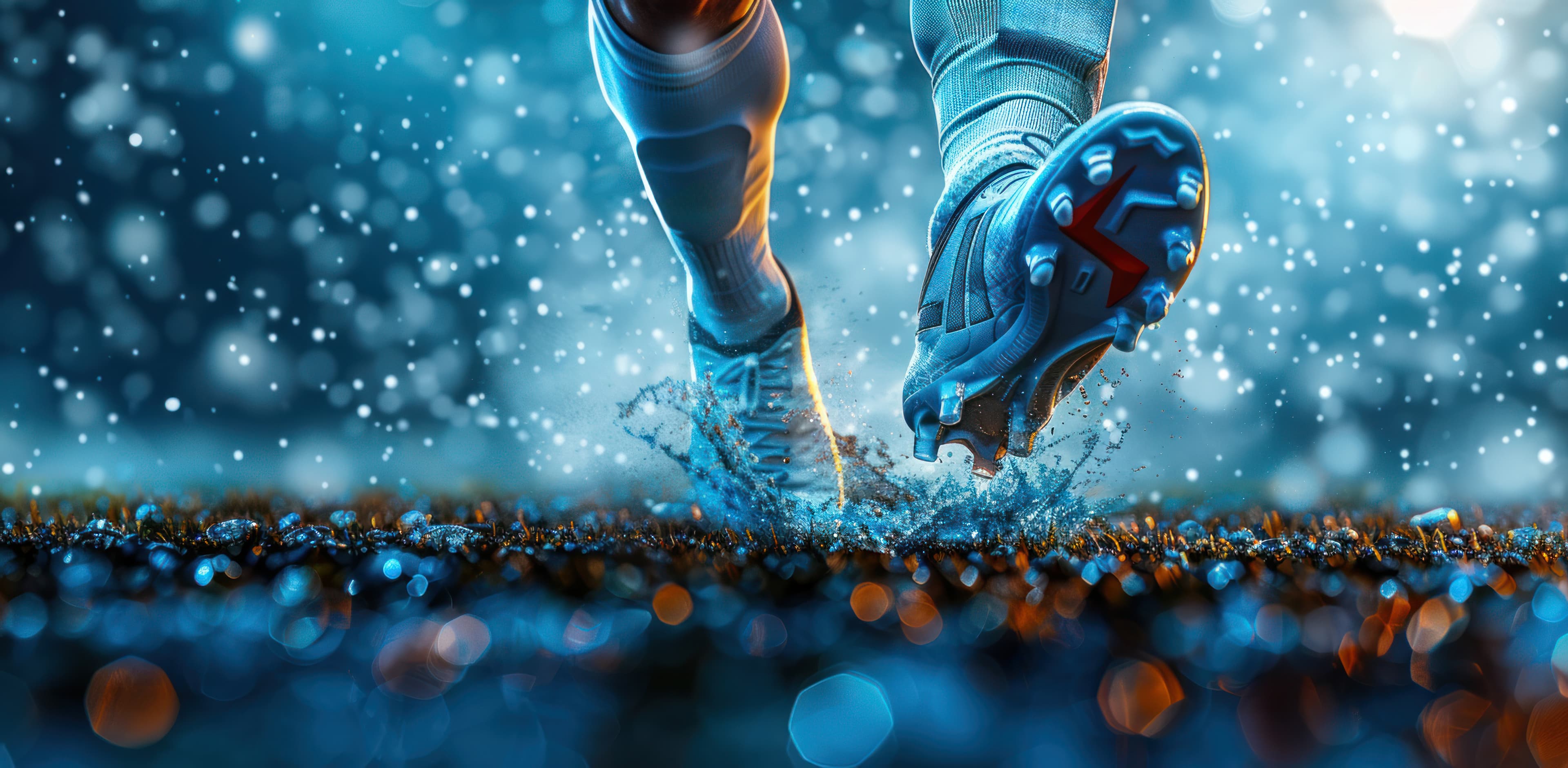 Soccer cleats splashing through water on a field under blue lights and falling snow.